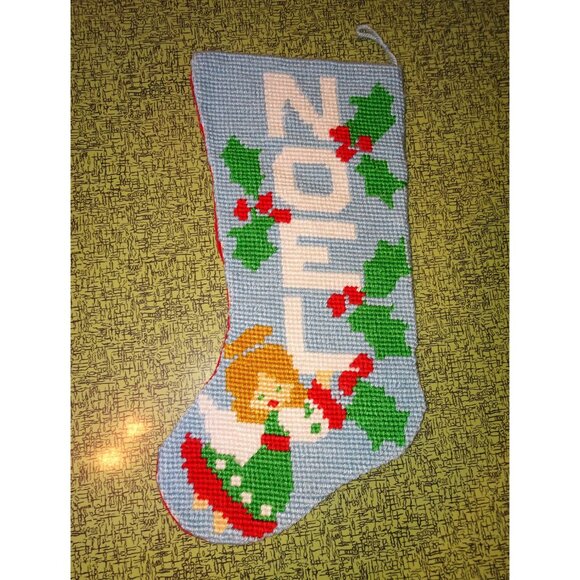 Vintage Handmade Needlepoint Noel Christmas Stocking holly hand crafted retro - Picture 4 of 6